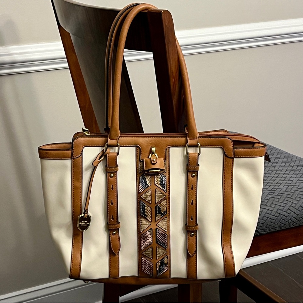 London Fog Collection Cream Brown Faux Snake Skin Tote Large Purse - Clean!